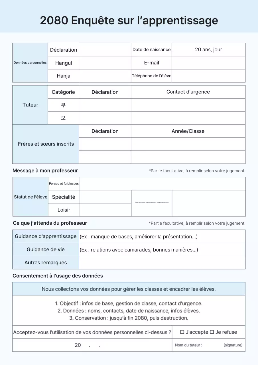 Guide de l'enquête sur un environnement d'apprentissage propre et bleu
