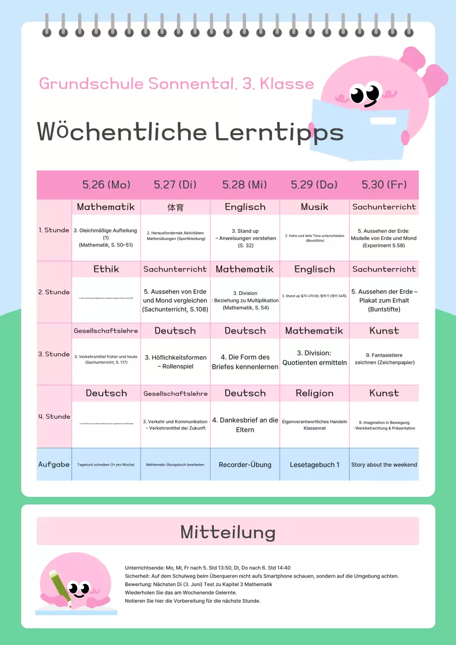 Pink Simple Wöchentlicher Lernleitfaden für die Grundschule