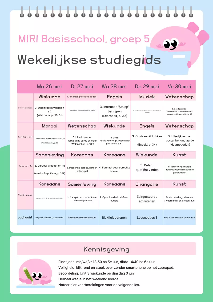Roze Eenvoudige Basisschool Wekelijkse Studiegids