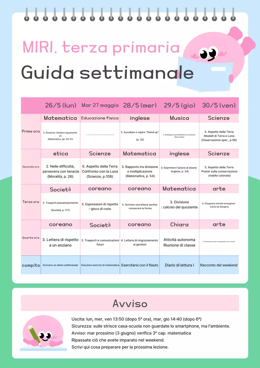 Guida allo studio settimanale della scuola elementare Pink Simple