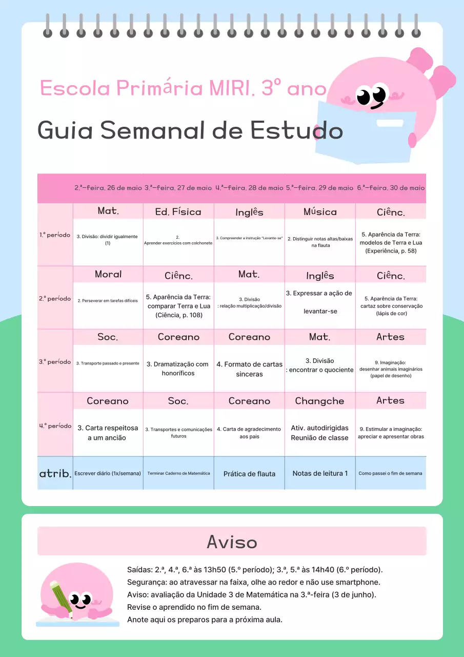 Guia de Estudo Semanal Simples Rosa para o Ensino Fundamental