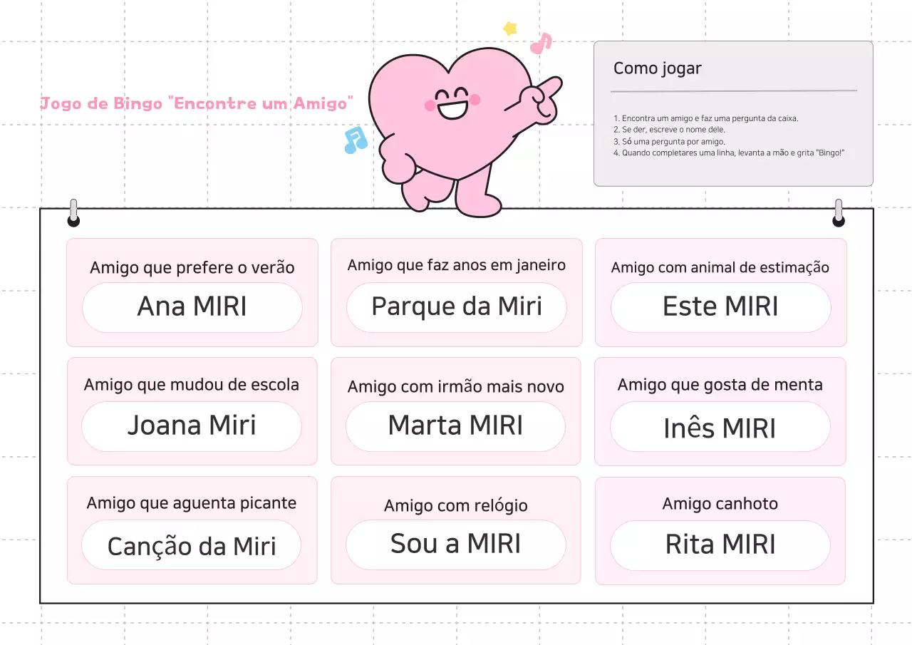 Guia do Jogo de Bingo para Encontrar Amiguinhos Bebê Rosa