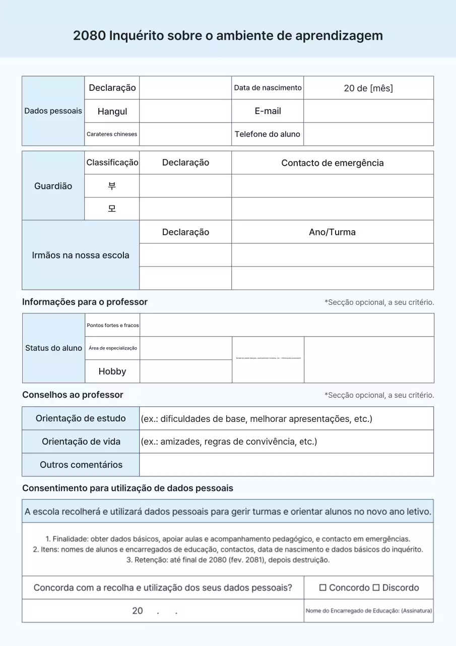 Guia para o Inquérito sobre o Ambiente de Aprendizagem Limpo e Azuis