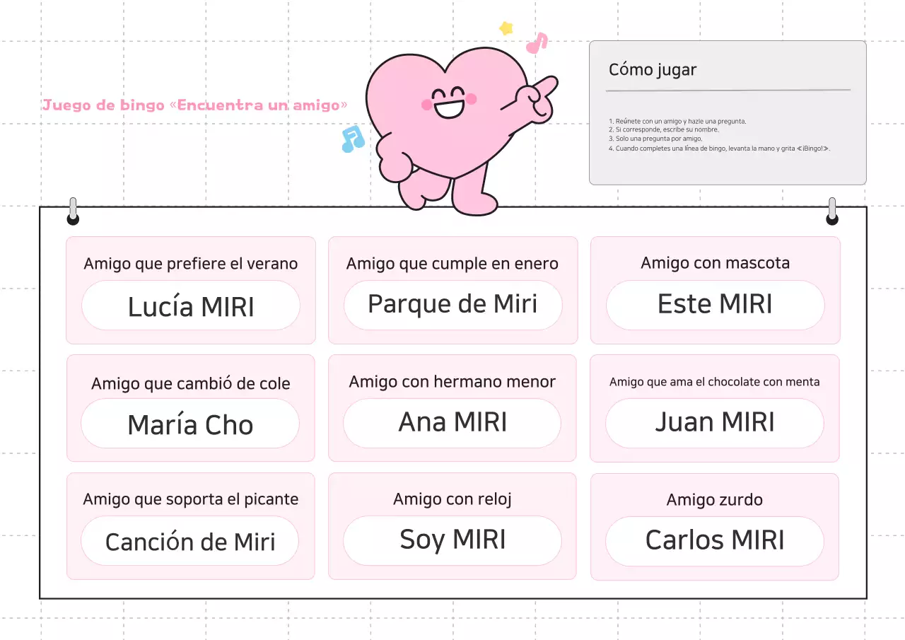 Guía del juego de bingo "Buscando amigos del bebé rosa"