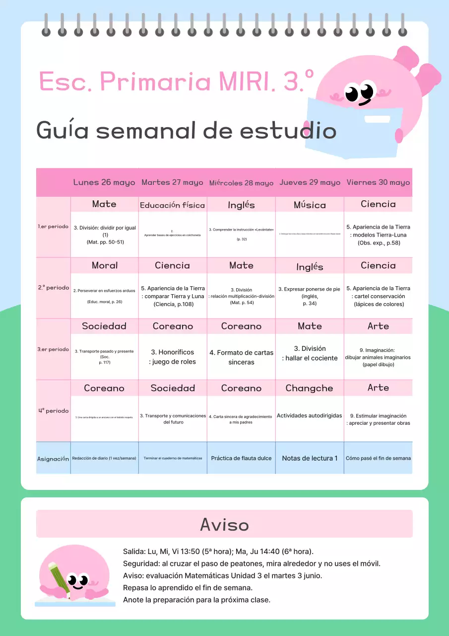 Guía de estudio semanal de la escuela primaria Pink Simple