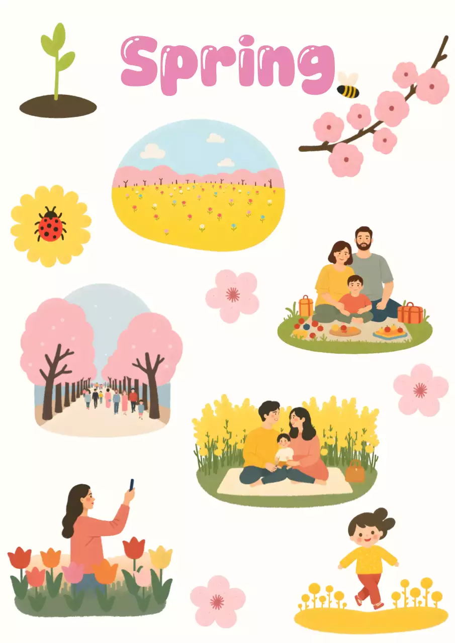 핑크색 아기자기한 봄 소풍 일러스트