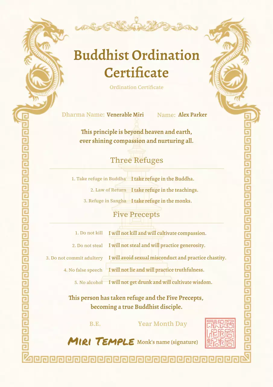 gold traditional Buddhist certificate guide