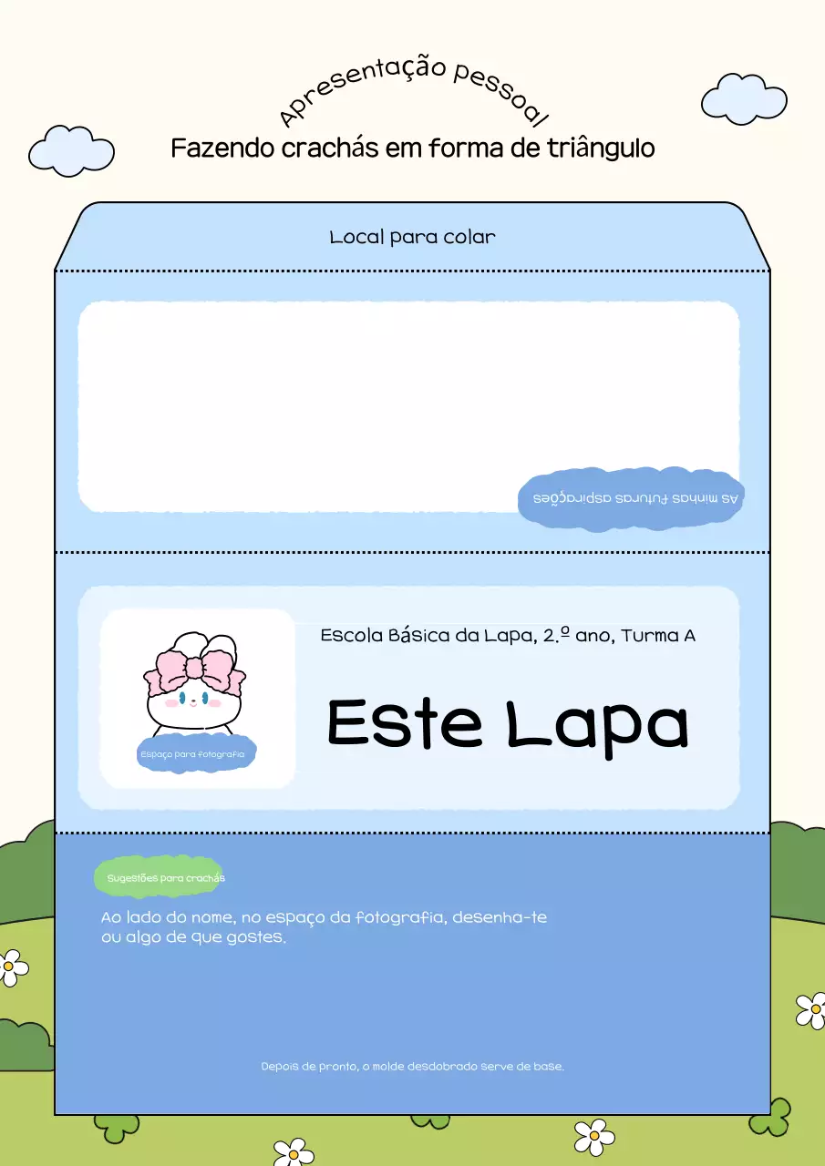Instruções para fazer uma etiqueta de identificação escolar azul simples para o ensino fundamental.
