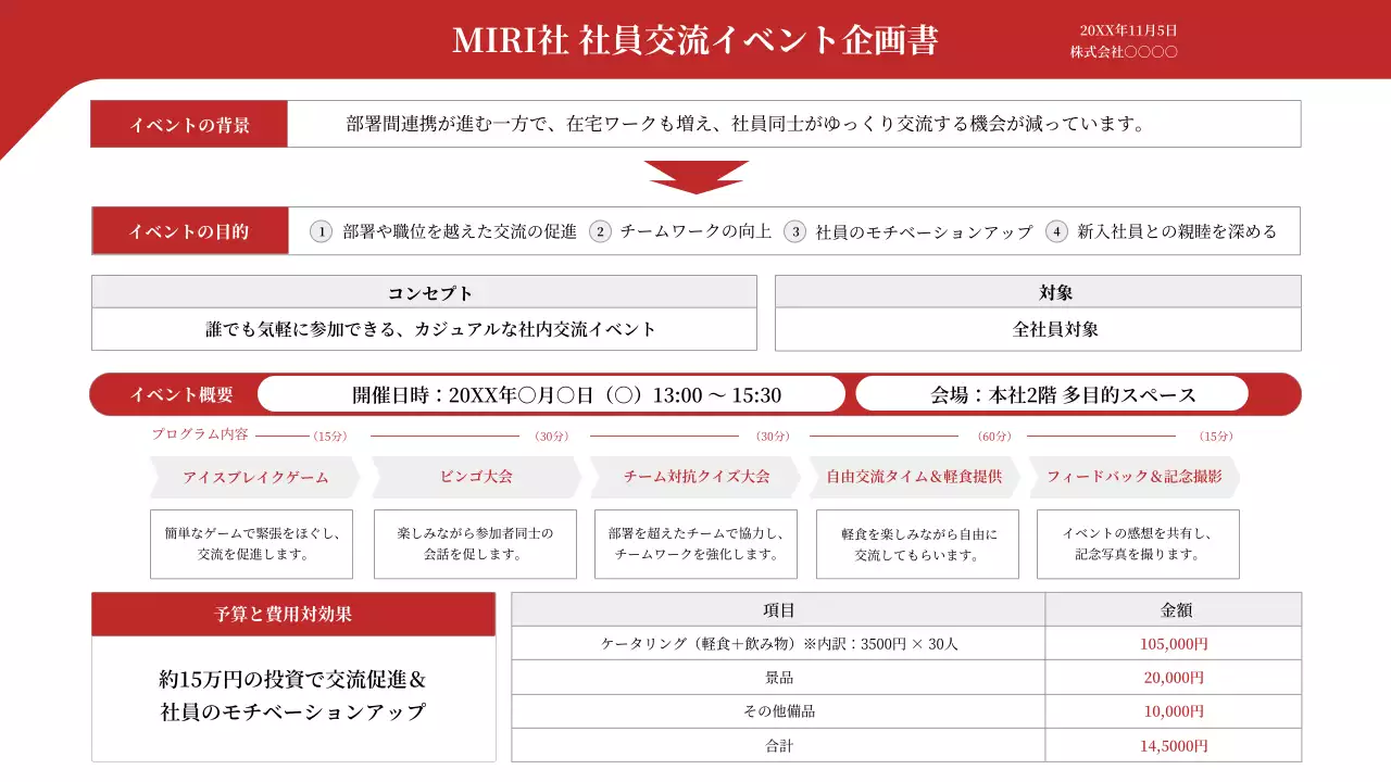 赤 シンプル イベント 企画書 プレゼンテーション