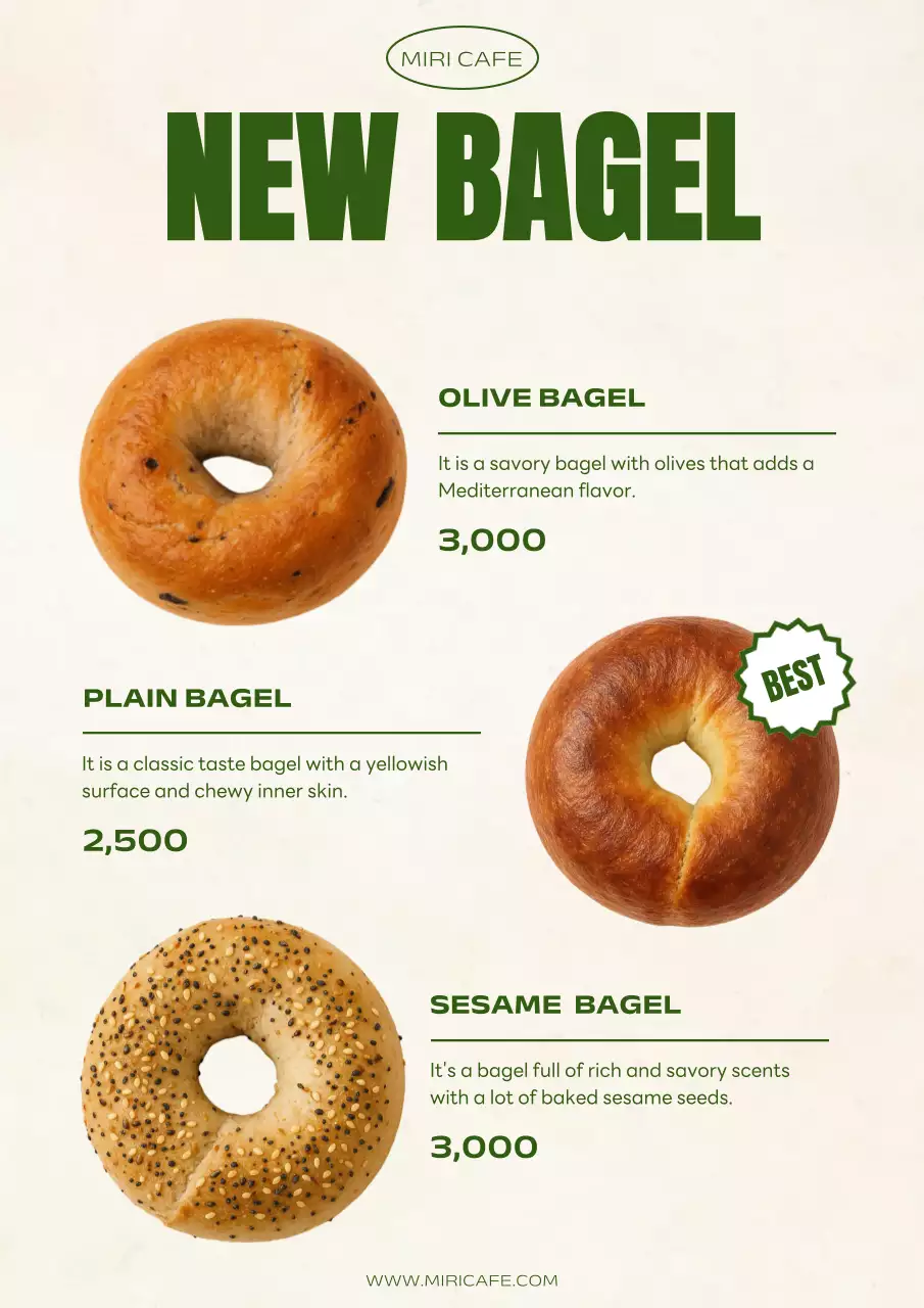 초록 심플 베이글 디저트 카페 메뉴판