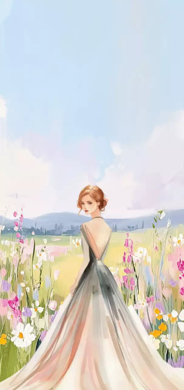 꽃이 만개하는 계절에 꽃밭에 있는 여신의 벽지