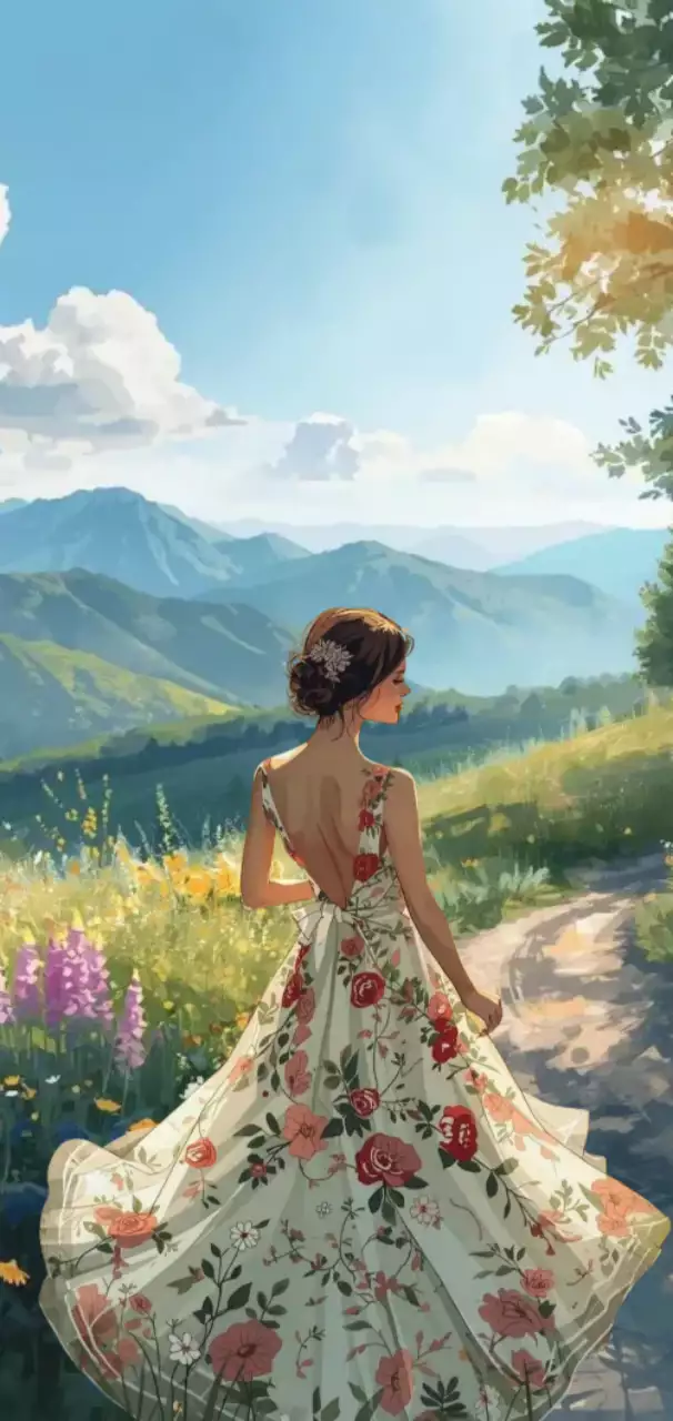 미니멀한 봄 풍경 배경과 꽃무늬 드레스