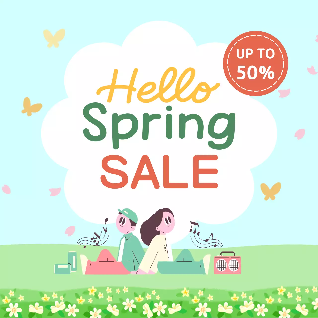 하늘색 미니멀 봄 세일 홍보