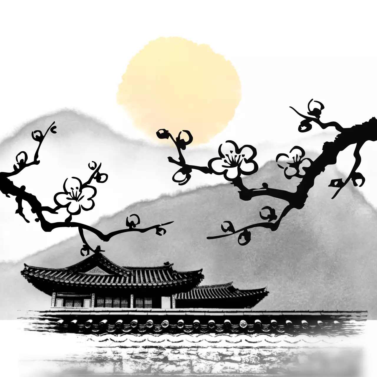 검은색의 전통적인 수묵화 쪽지 문구