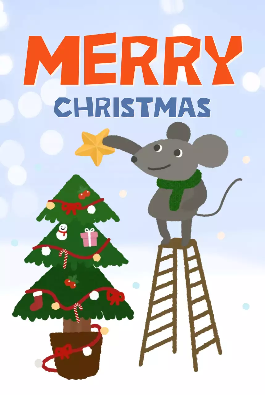 파스텔 블루 트리 장식 크리스마스 생쥐 일러스트