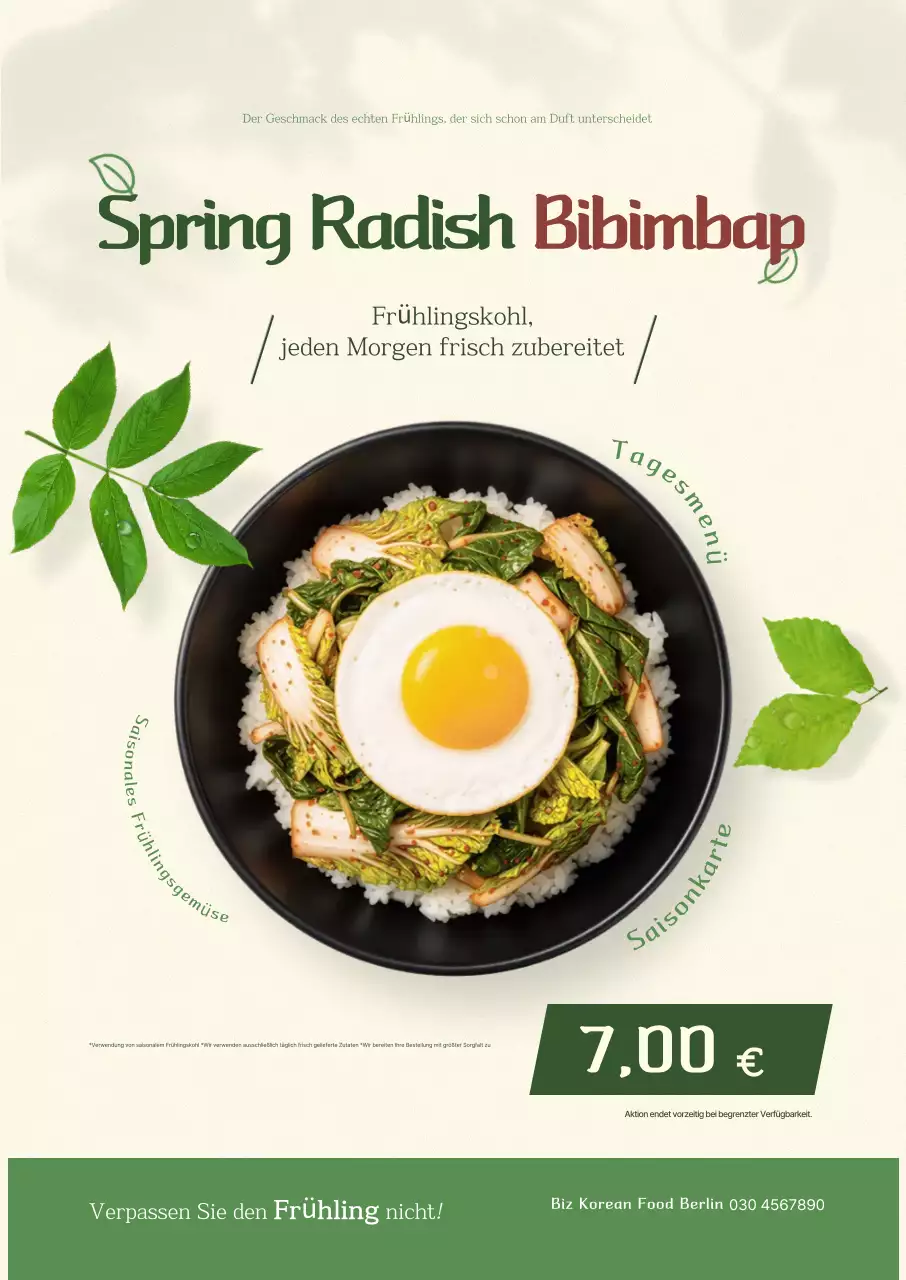 Werbung für das grüne, einfache Frühlings-Bibimbap-Menü