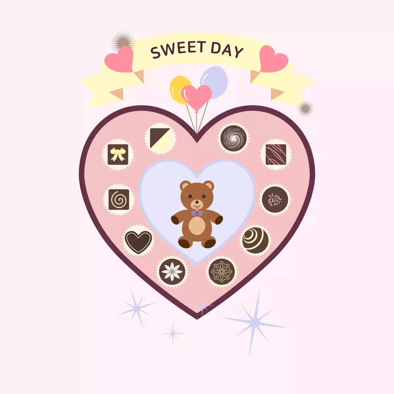 발렌타인데이 곰 인형과 하트 초콜릿 선물 카드