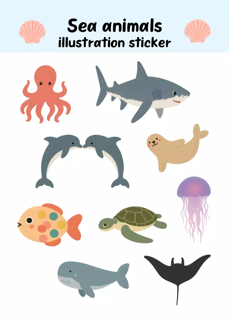 파란색 귀여운 바다 동물 일러스트