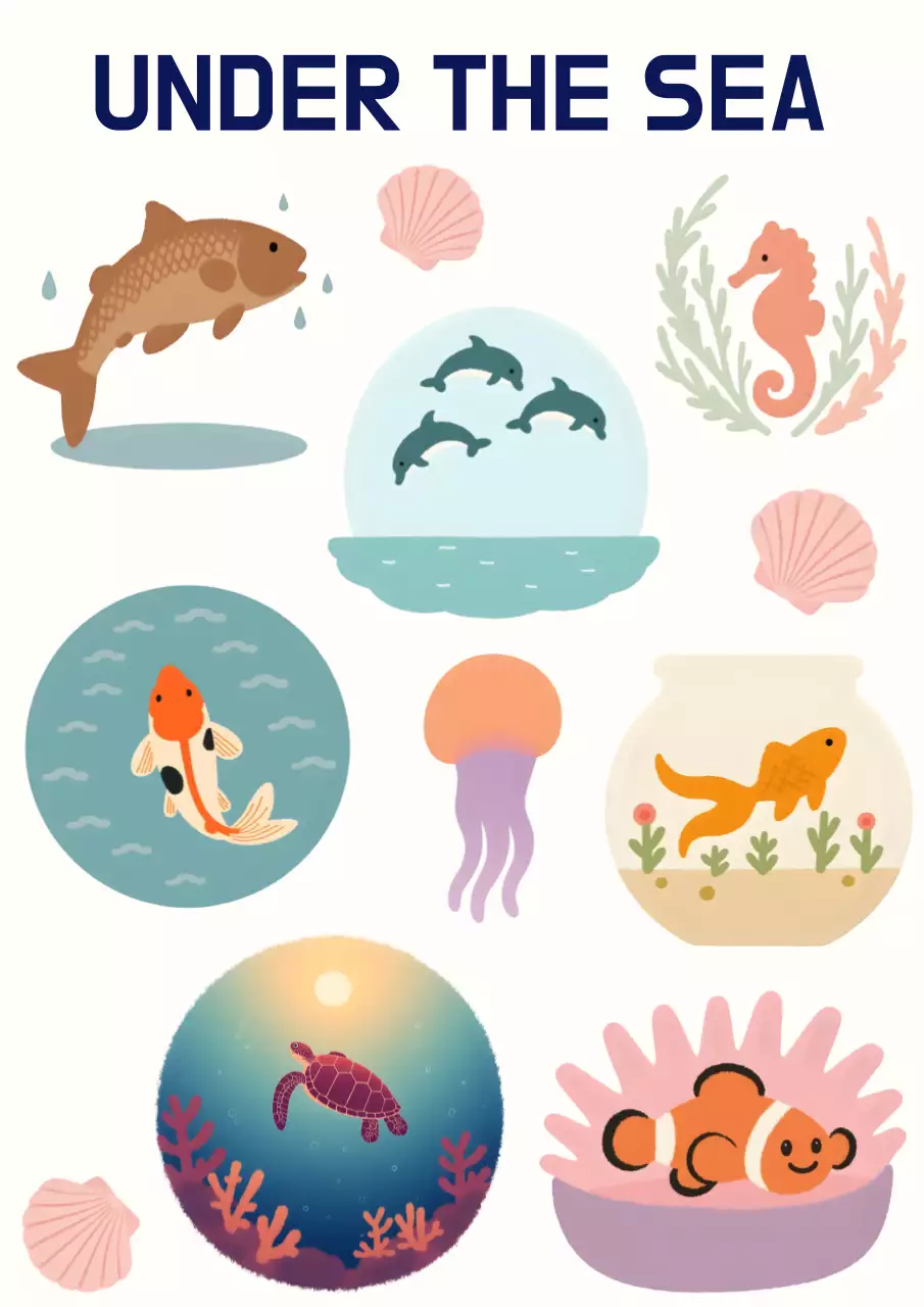 하늘색 귀여운 바다동물 일러스트