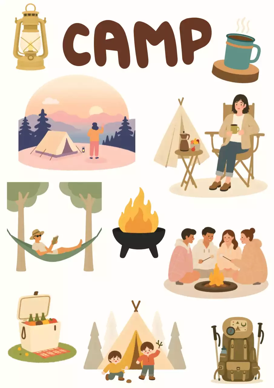 브라운 귀여운 캠핑 일러스트