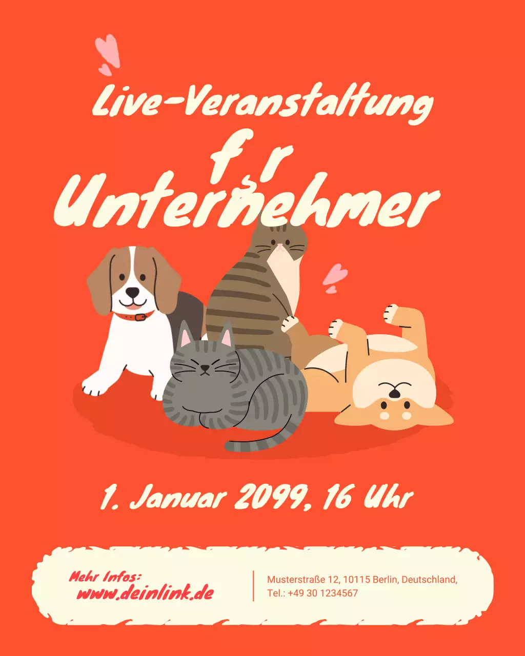 Ankündigung einer verspielten, orangefarbenen Geschäftsveranstaltung