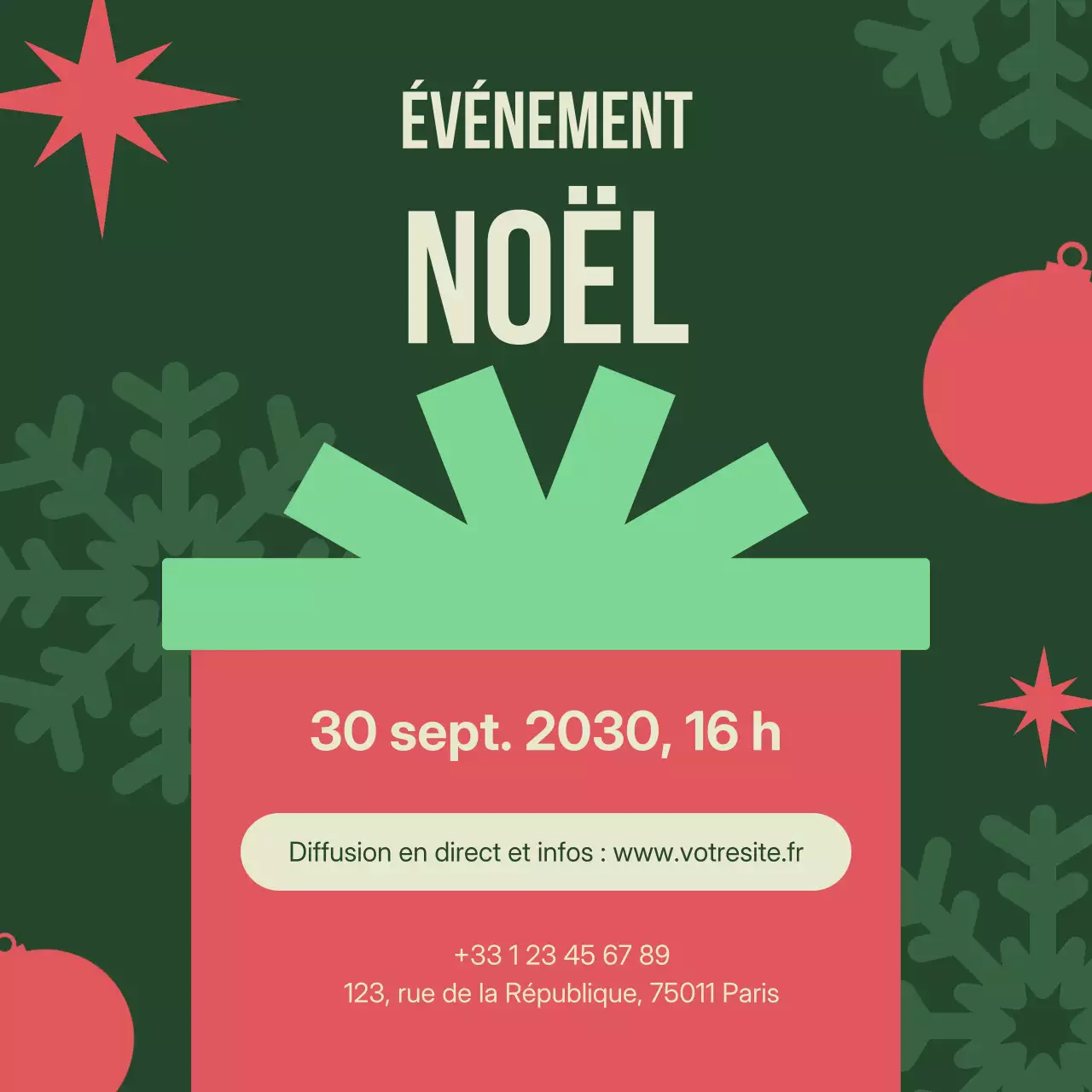Publicité plate pour un événement de célébration des fêtes de Noël sur les réseaux sociaux Square