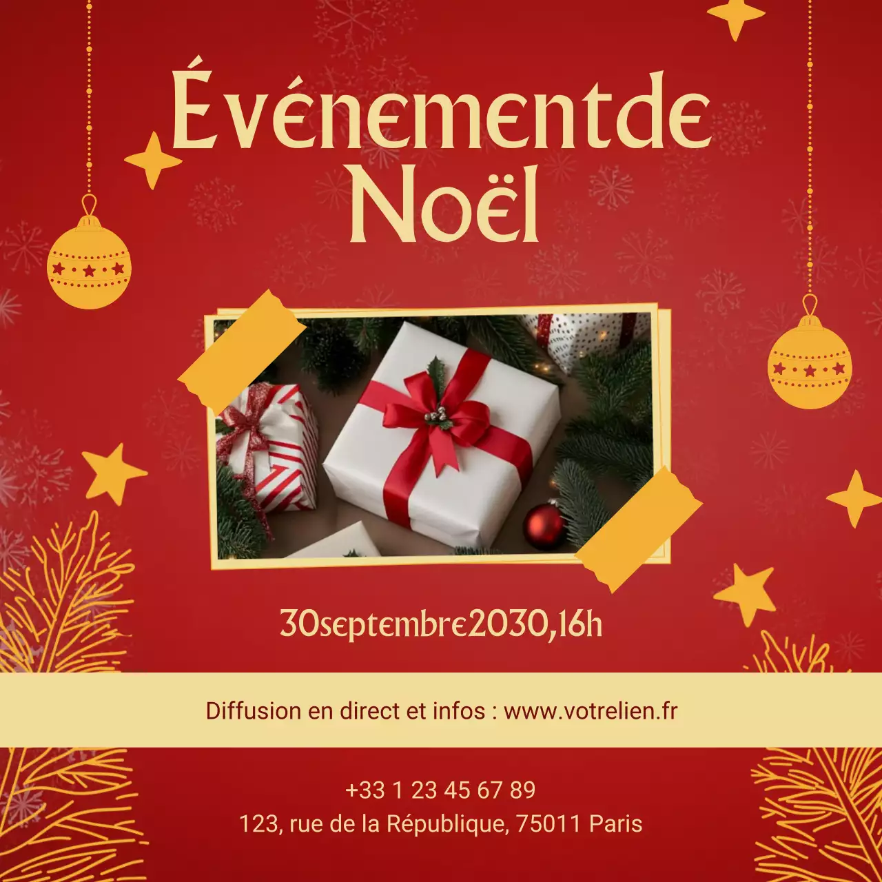 Publicité pour un événement maximaliste célébrant les fêtes de Noël sur les réseaux sociaux Square