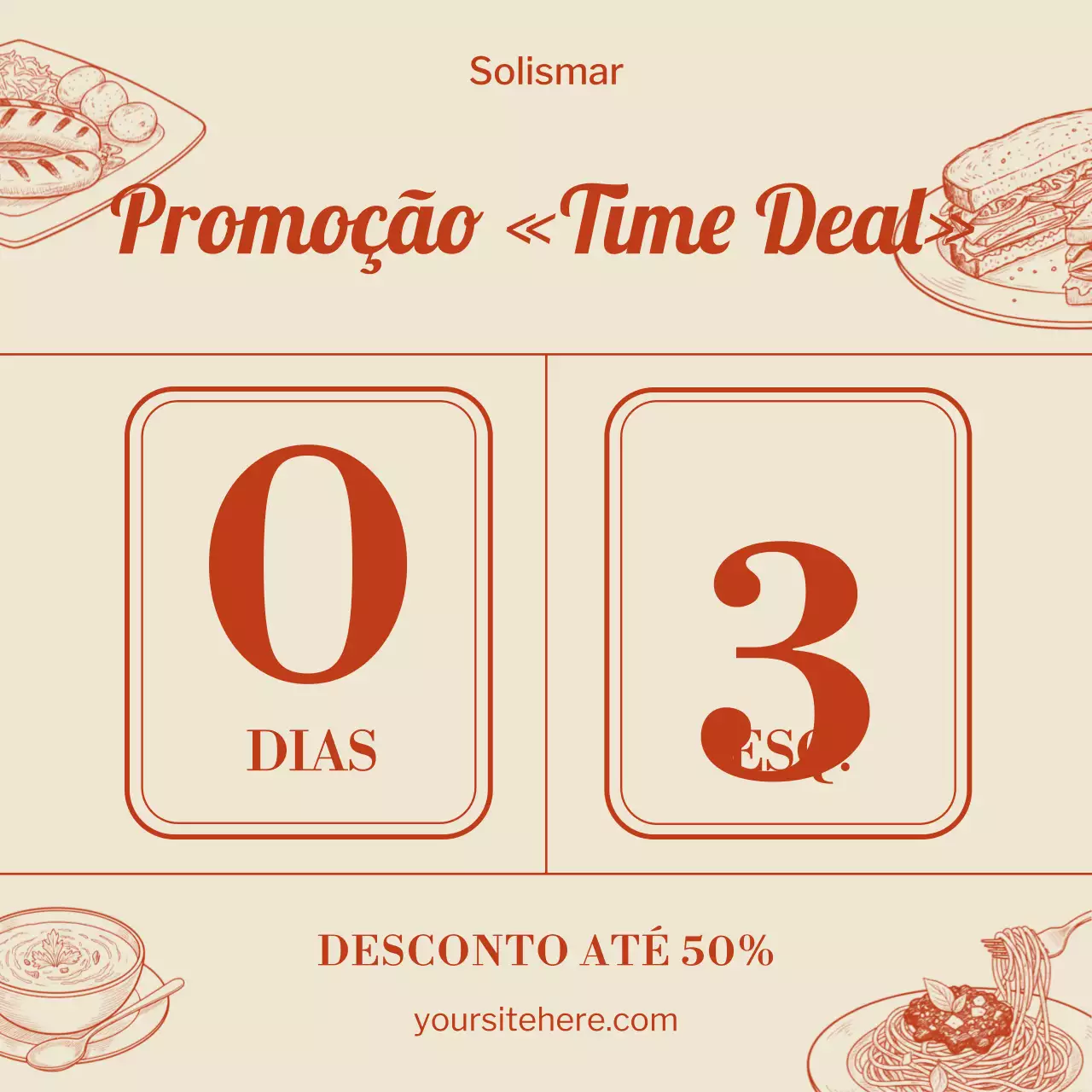 Promoção de alimentos retrô em bege e vermelho