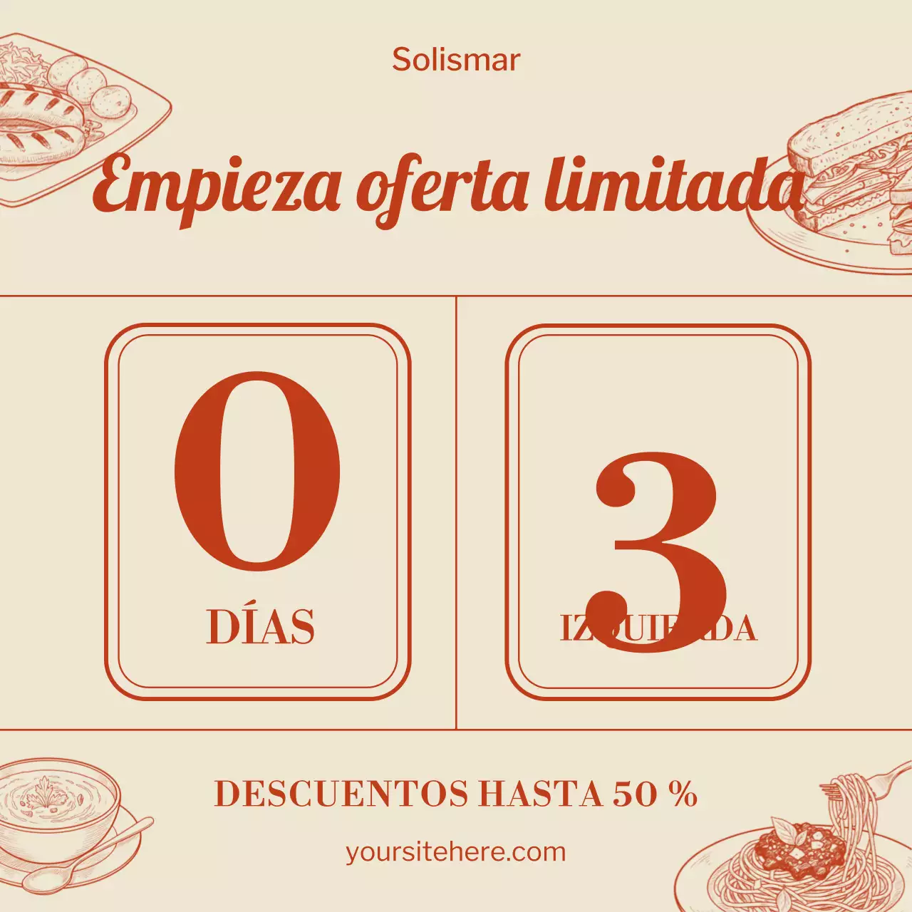 Promoción de comida retro en beige y rojo