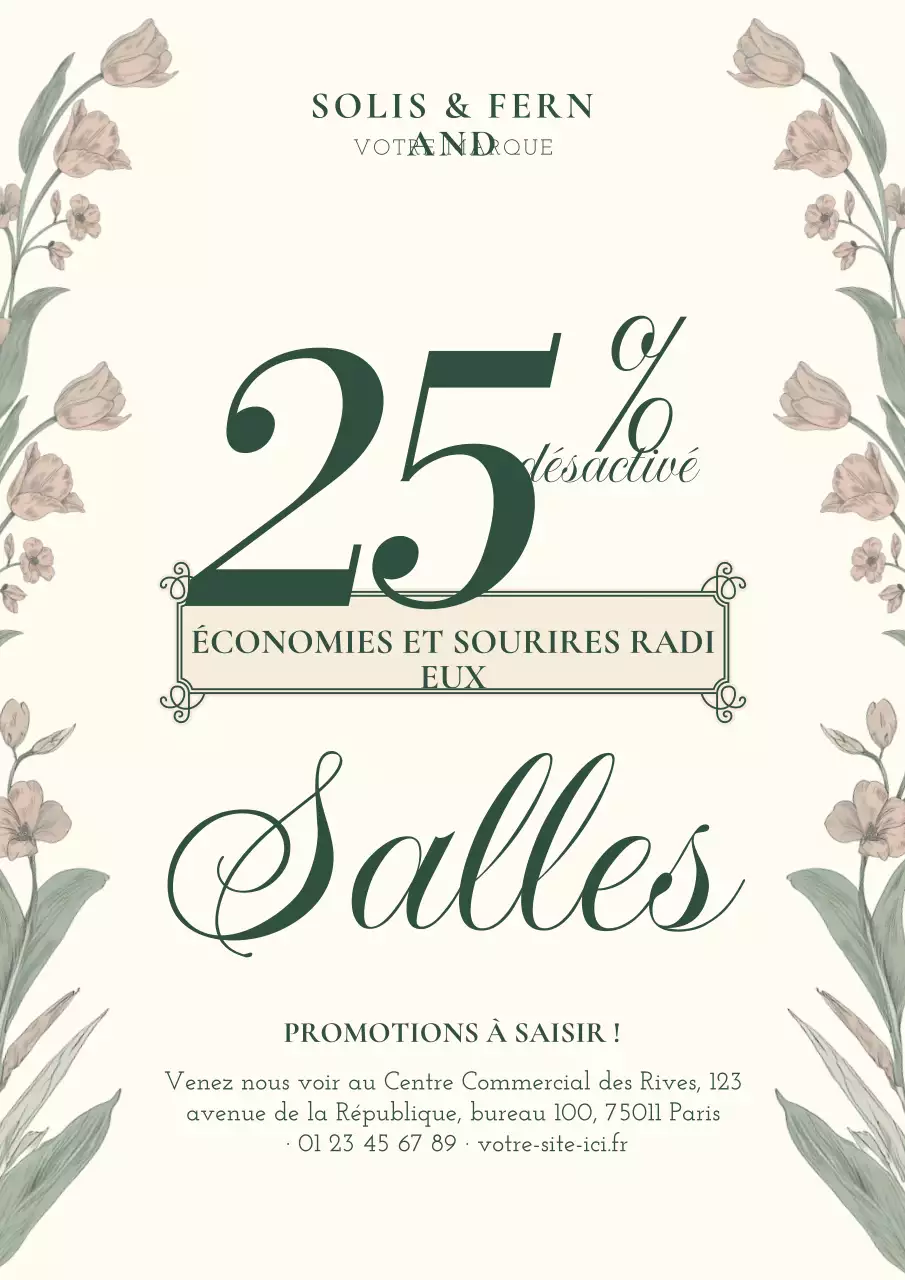 Affiche promotionnelle beige élégante à motif floral