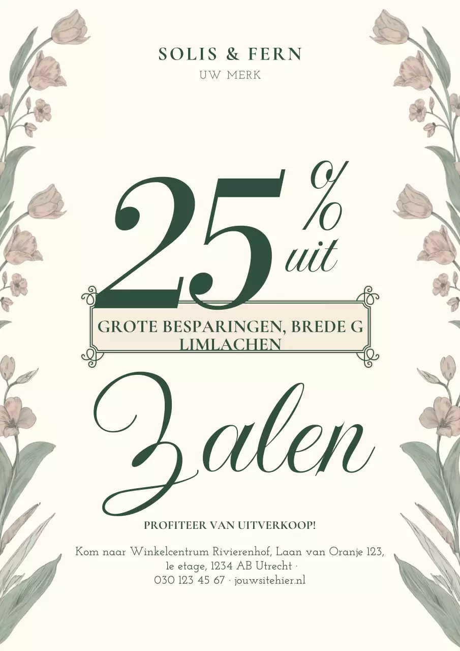 Beige elegante poster met bloemenmotief voor uitverkoopactie