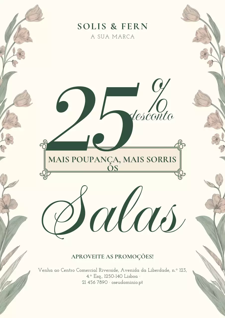 Pôster promocional de venda com estampa floral elegante em tons de bege