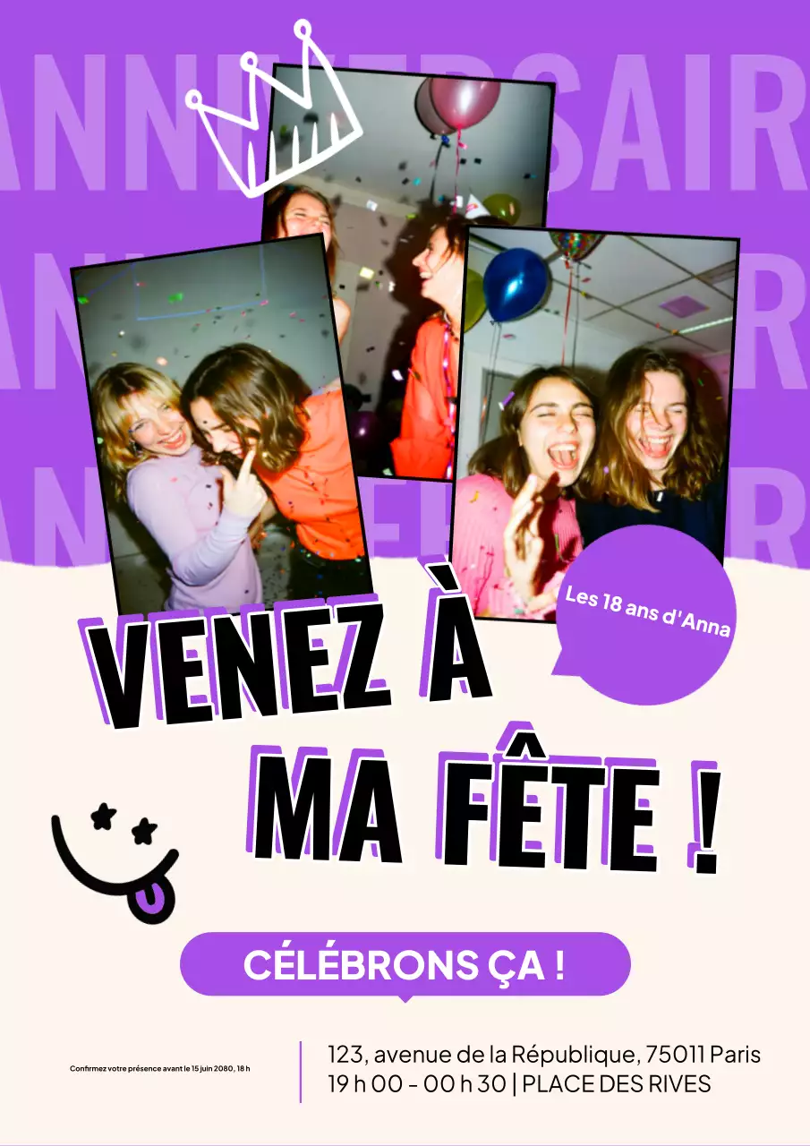 Affiche d'invitation d'anniversaire rétro violette