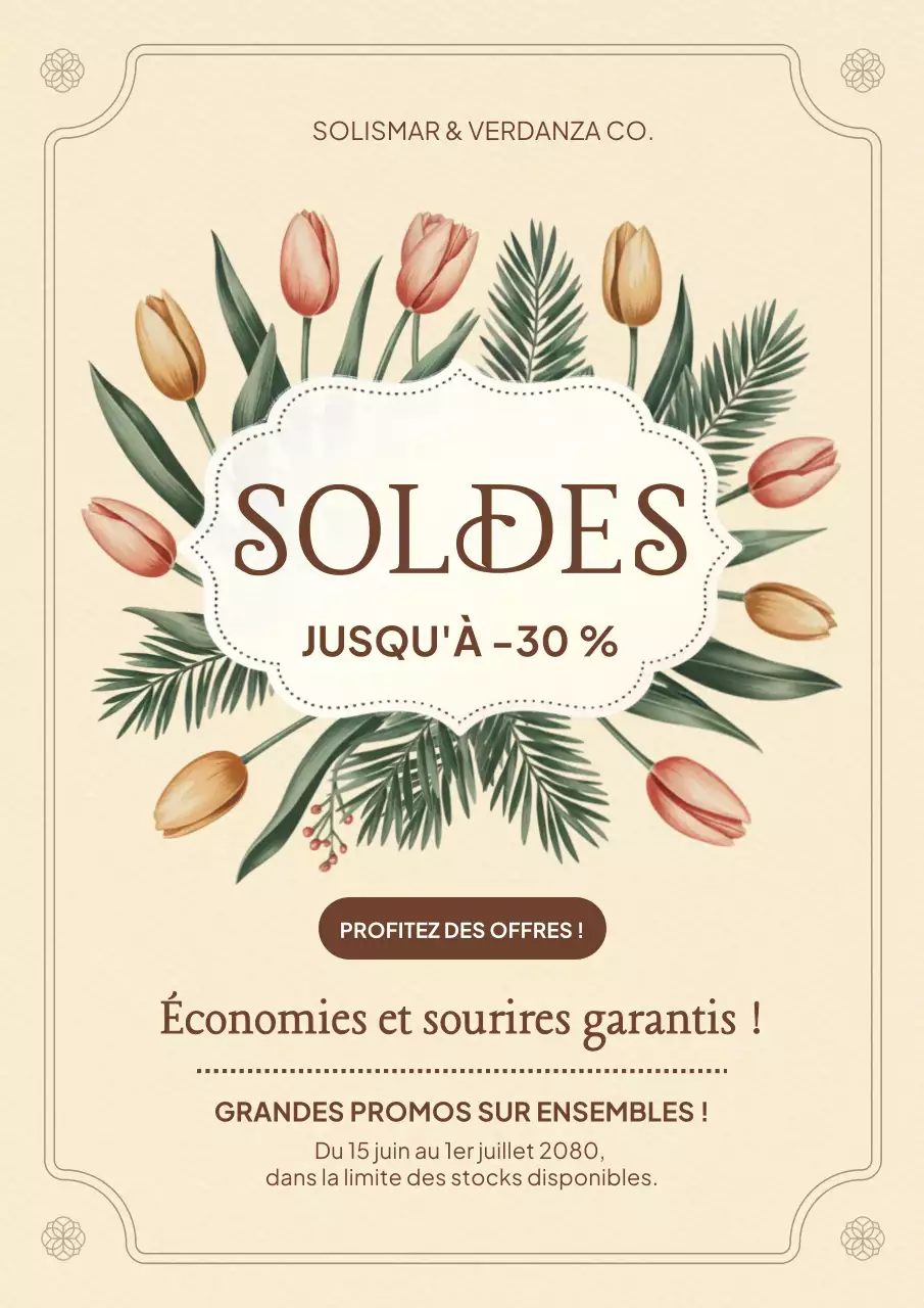 Affiche promotionnelle des soldes à motif floral beige