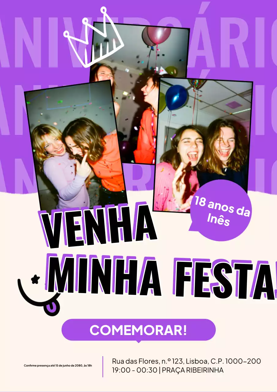 Pôster de convite de aniversário retrô roxo