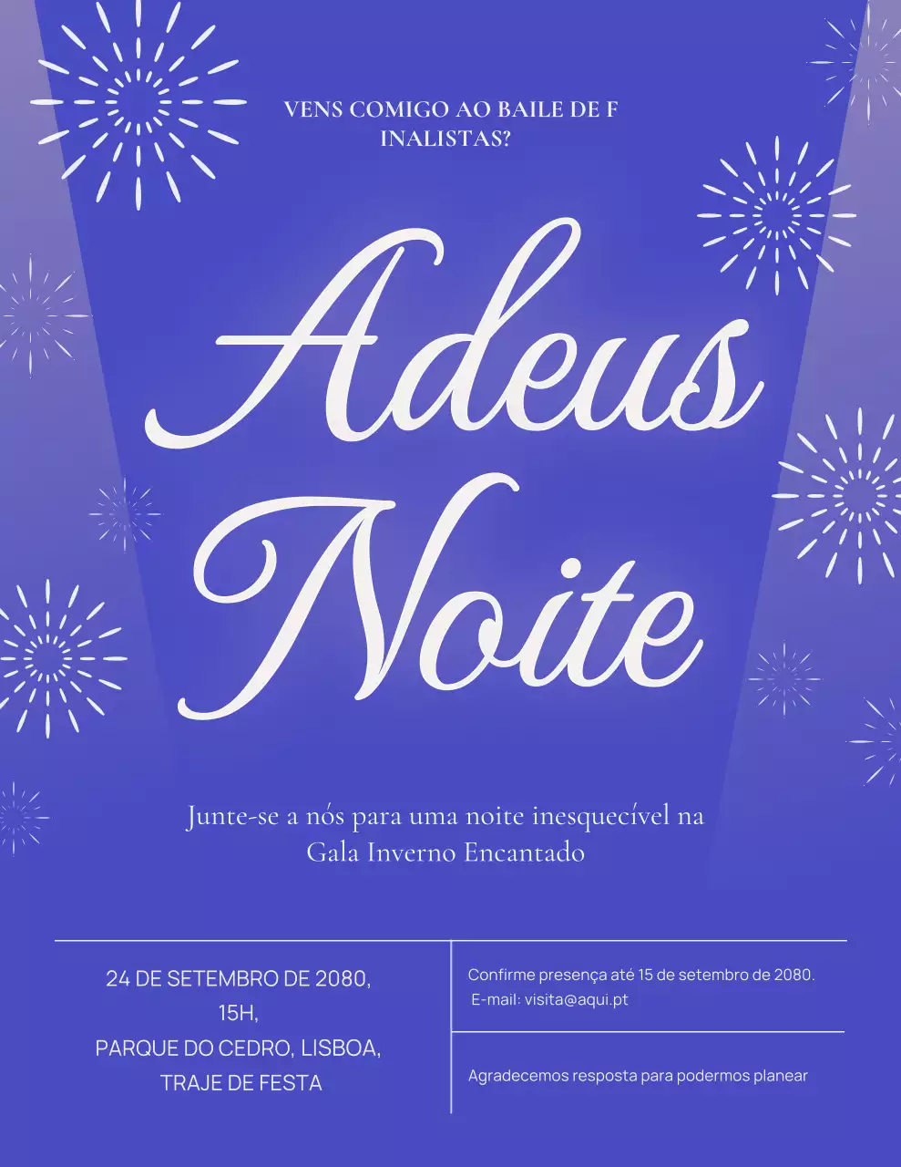 Pôster de convite para baile de formatura elegante em tons de azul