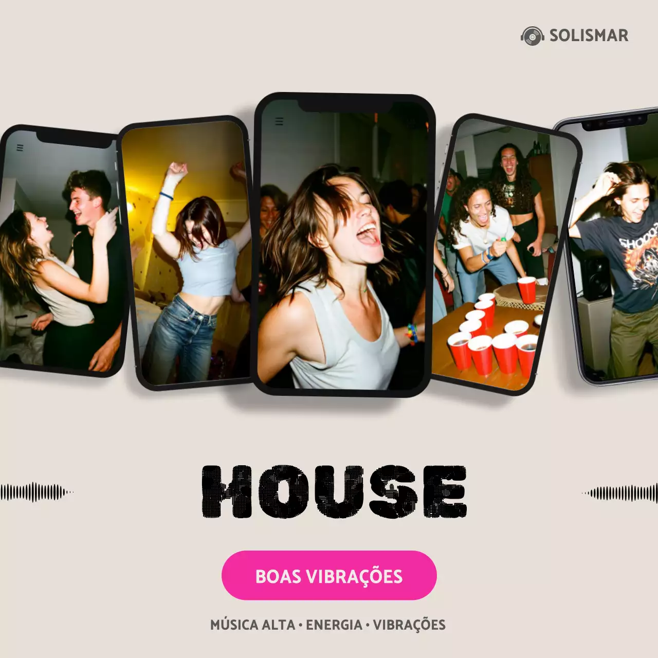 Convite para festa moderno em tom bege, quadrado para redes sociais