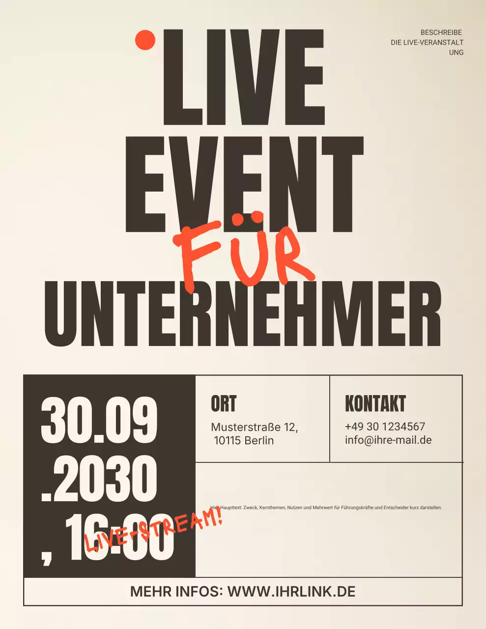 Ankündigung einer Veranstaltung für moderne Unternehmer in Beige