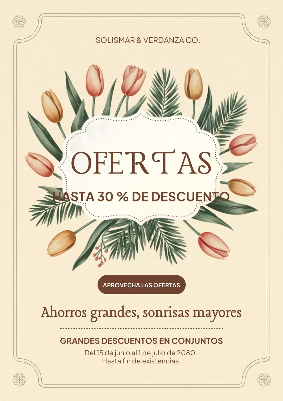 Póster promocional de venta floral beige