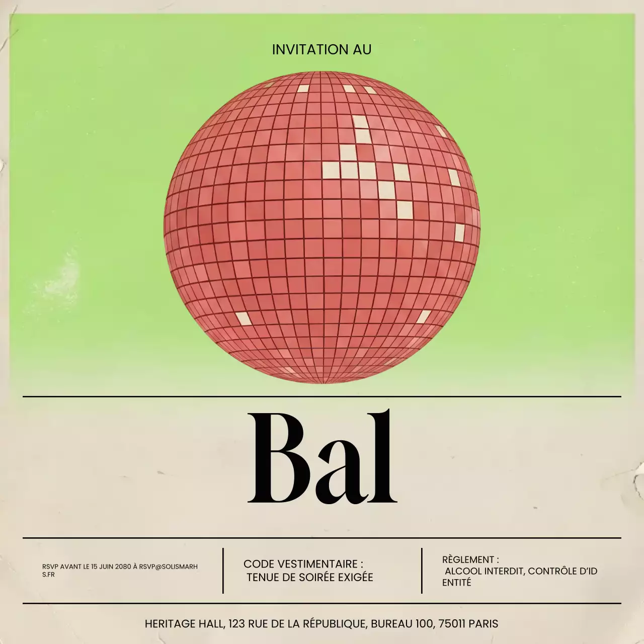 Invitation rétro verte pour le bal de promo (publication Instagram)