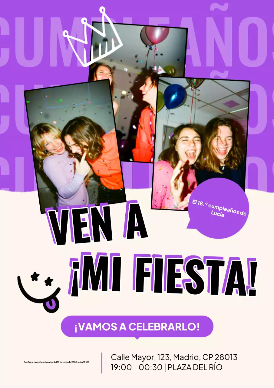 Póster de invitación de cumpleaños retro morado