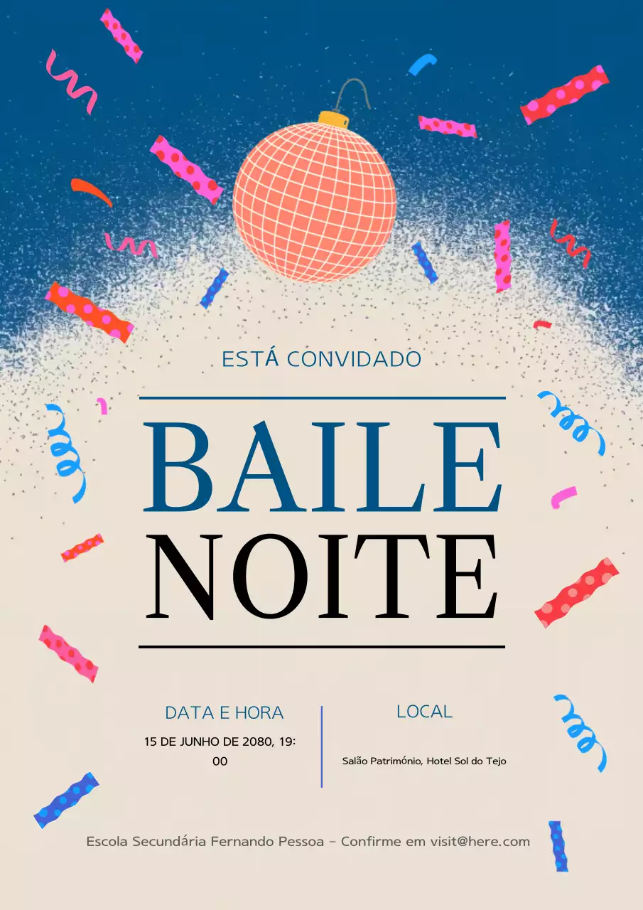 Pôster de convite para baile de formatura elegante em tons de azul