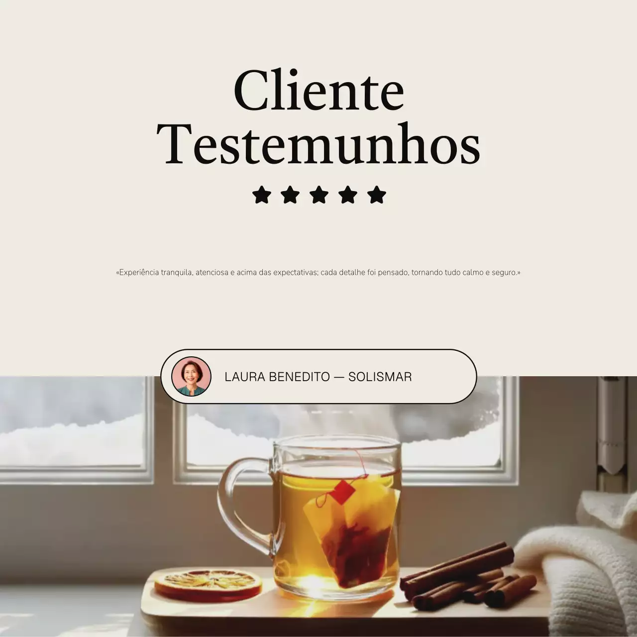 Depoimento elegante bege quadrado para mídia social