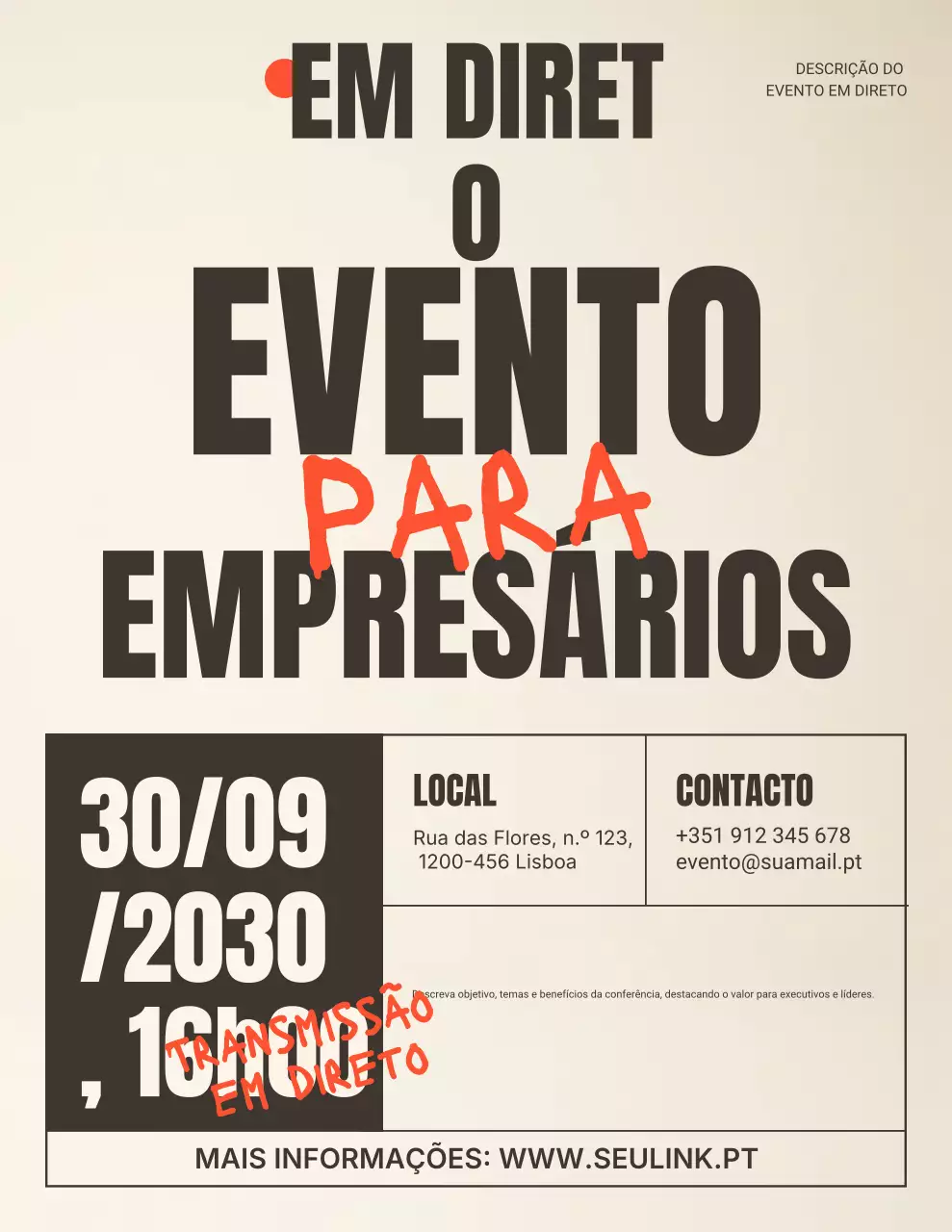 anúncio de evento para empreendedores modernos bege