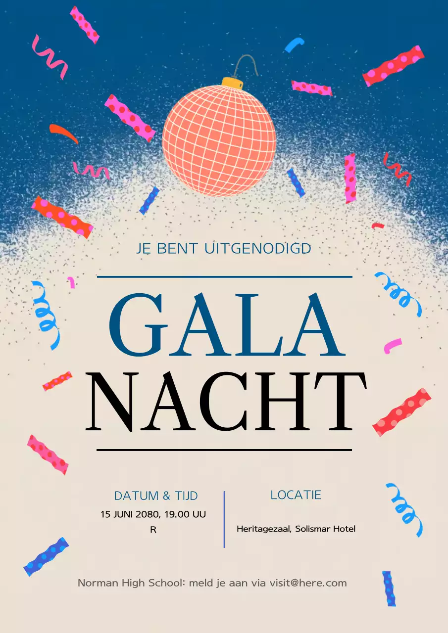 Blauwe elegante uitnodigingsposter voor het schoolbal