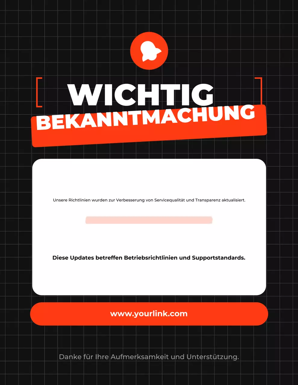 Orangefarbene, fettgedruckte Richtlinienankündigung