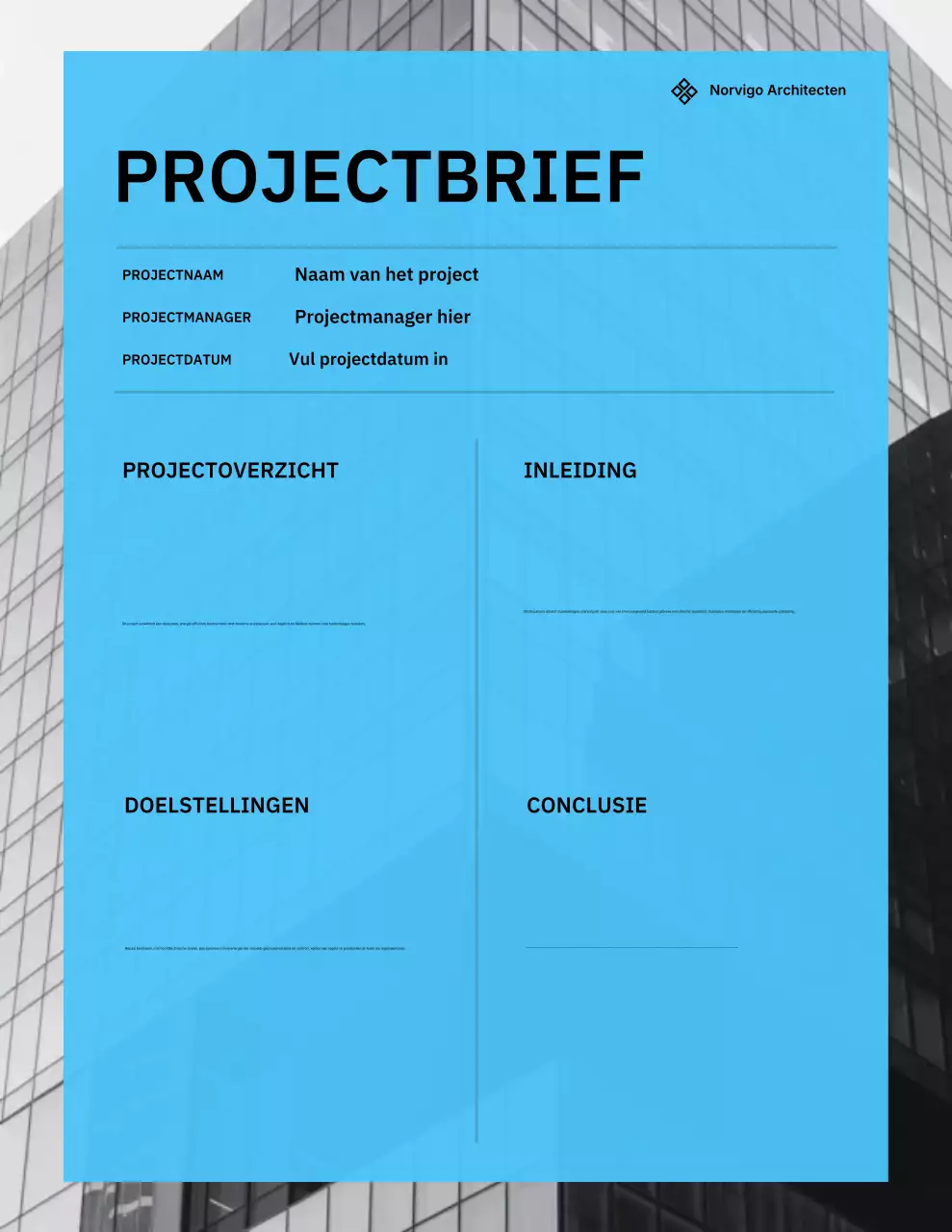 Blauwe poster met documenten over moderne architectuur