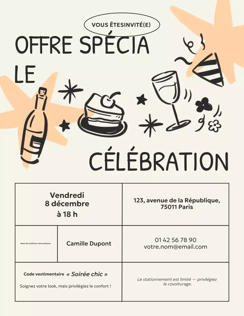 Invitation à une fête avec des gribouillis noirs et beiges