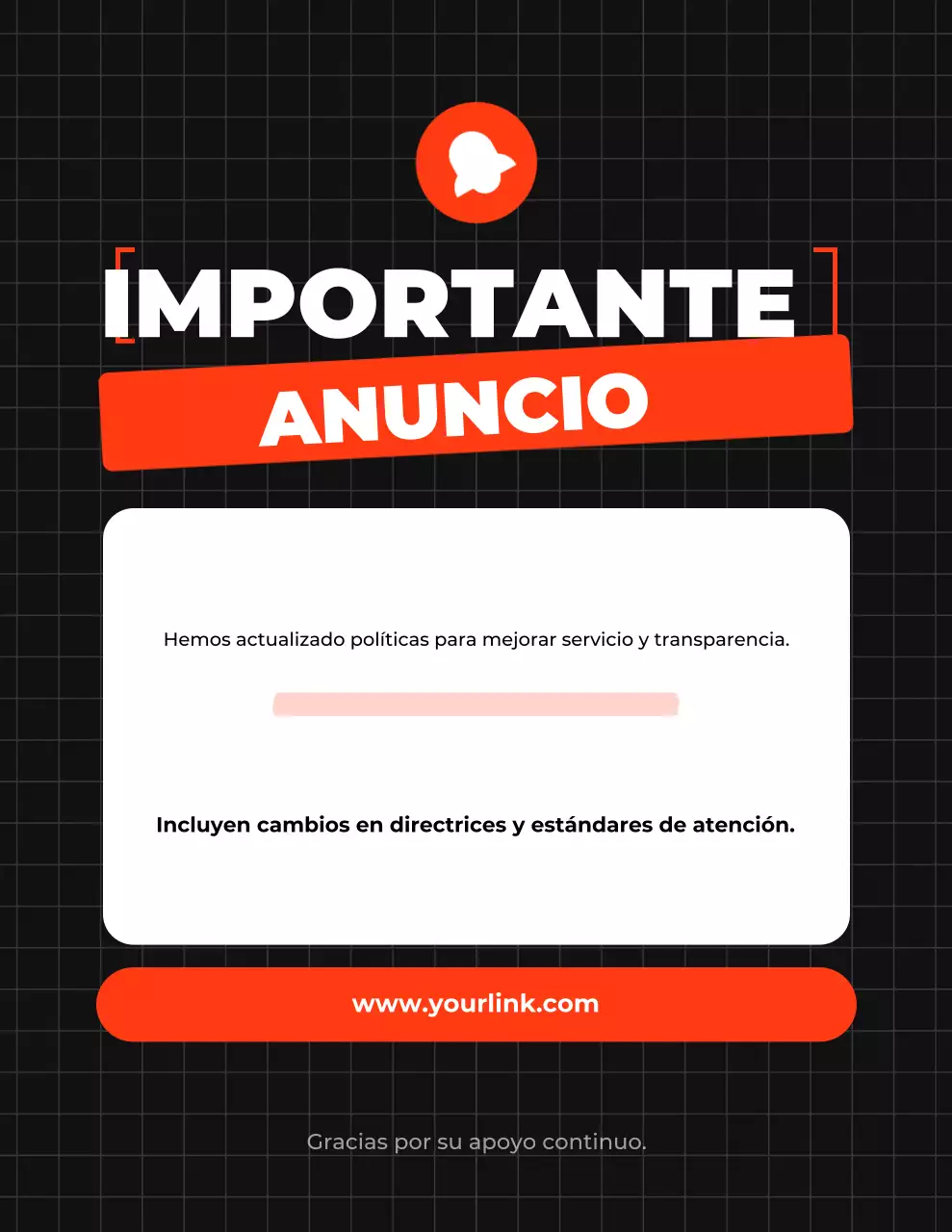 Anuncio de política en negrita naranja