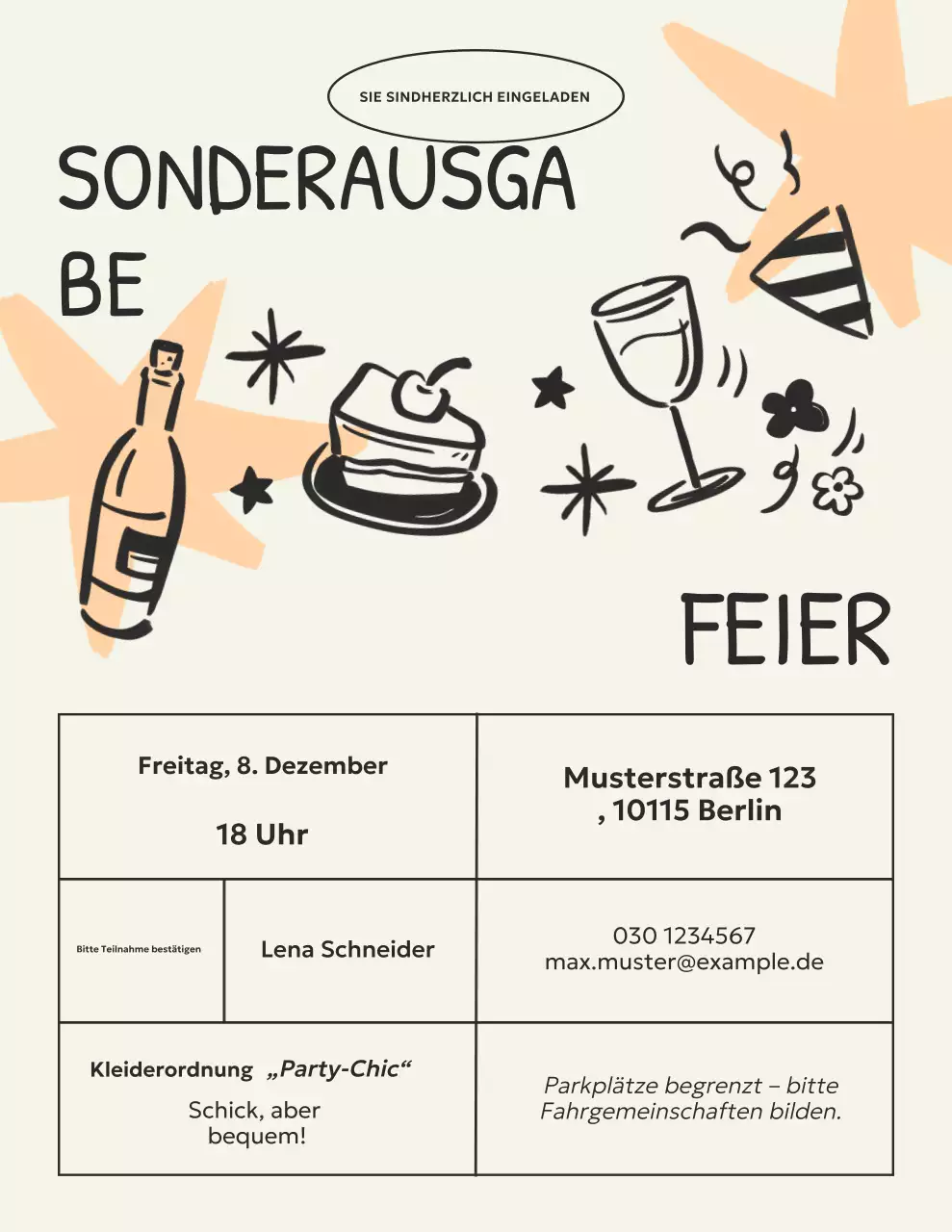 Einladung zur Feier mit schwarzem und beigem Doodle-Muster